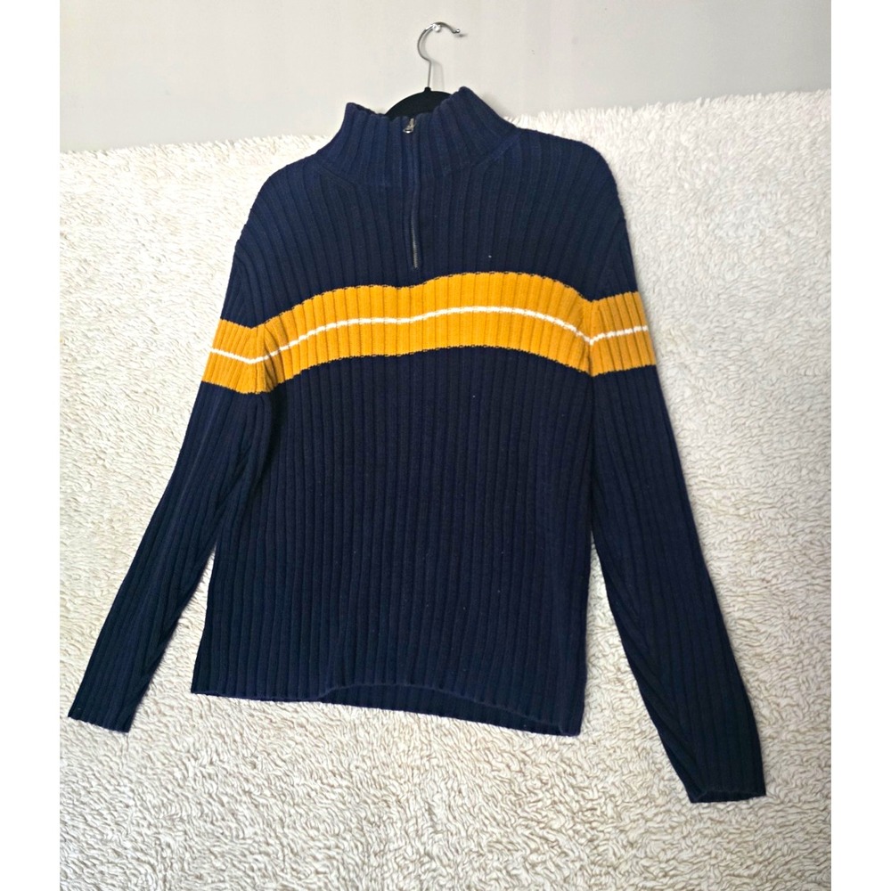 John Ashford Men's M Navy Yellow White Striped Rib-Knit 1/4 Zip Mock Sweater